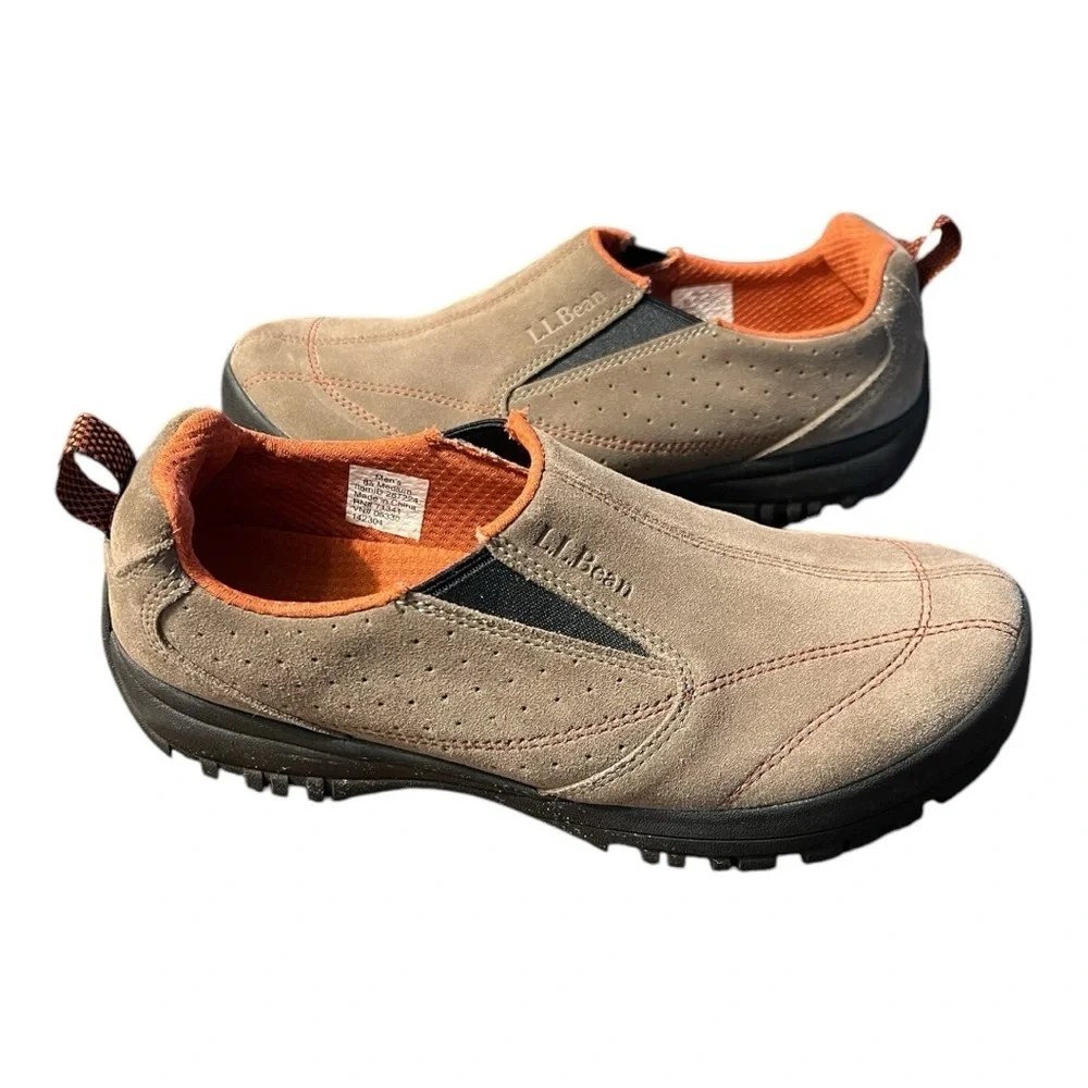 LL Bean Rugged Ridge Tan With Orange Suede Leather Loafers 287224 Size 8.5 M